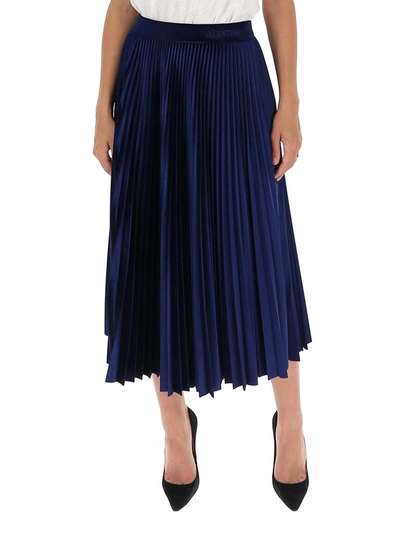Shop Valentino Velvet Pleated Skirt In Navy