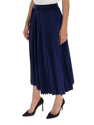 Shop Valentino Velvet Pleated Skirt In Navy