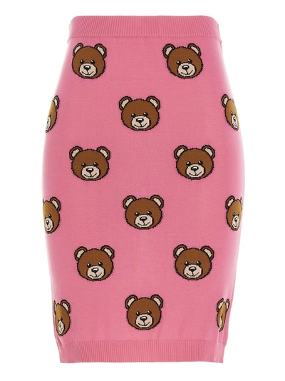 Shop Moschino Allover Teddy Knitted Skirt In Pink