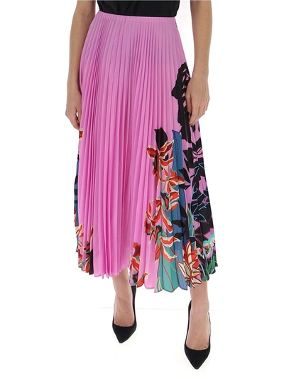 Shop Valentino Floral Printed Pleated Midi Skirt In Pink