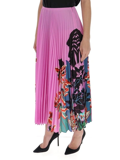 Shop Valentino Floral Printed Pleated Midi Skirt In Pink