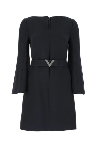 Shop Valentino Crepe Couture Belted Dress In Navy