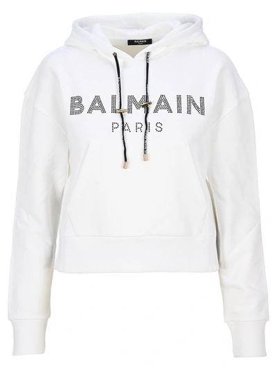 Shop Balmain Logo Embellished Cropped Drawstring Hoodie In White