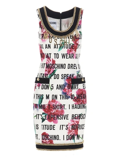 Shop Moschino Floral Slogan Printed Cady Dress In Multi