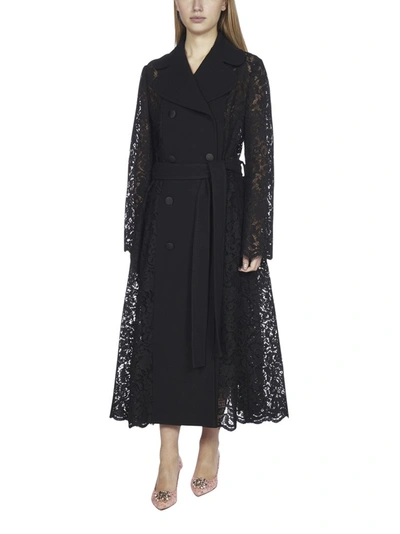Shop Dolce & Gabbana Belted Double Breasted Lace Coat In Black