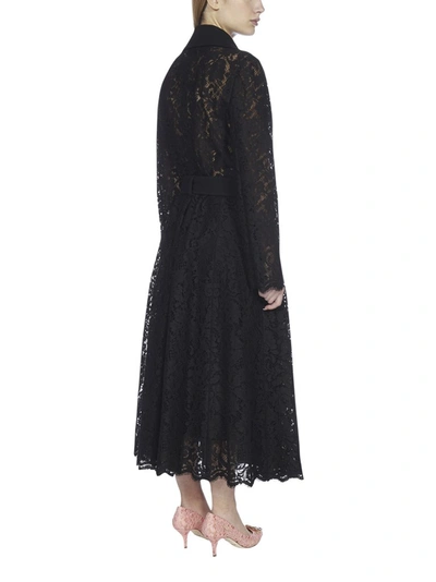 Shop Dolce & Gabbana Belted Double Breasted Lace Coat In Black