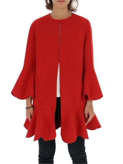 Shop Valentino Ruffle Trim Straight Coat In Red