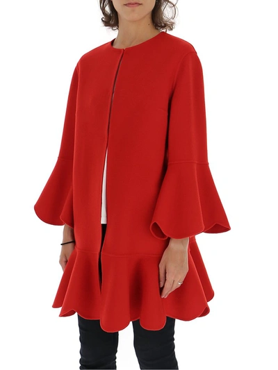 Shop Valentino Ruffle Trim Straight Coat In Red