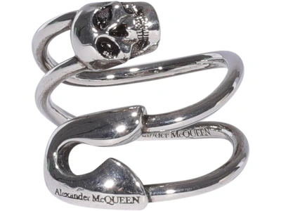 Safety Pin & Skull Open Ring In Silver