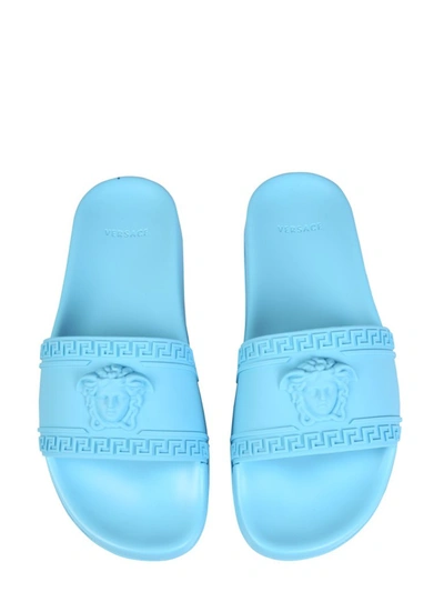 Shop Versace Medusa Embossed Slides In Blue