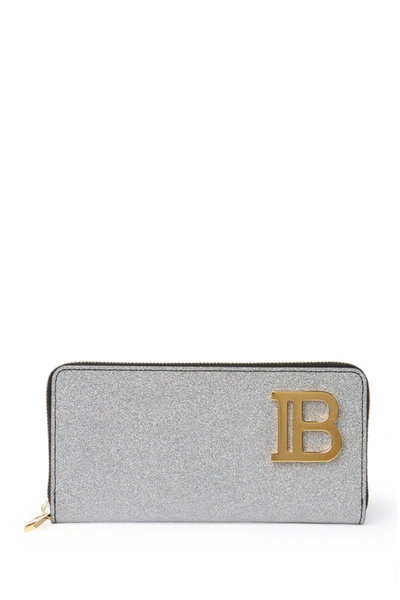 Shop Balmain Glitter Leather Wallet In Silver