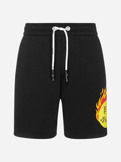 Shop Palm Angels Burning Head Cotton Shorts In Black - Yellow