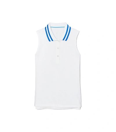 Shop Tory Sport Performance Pique Pleated-collar Sleeveless Polo In Snow White/vintage Blue