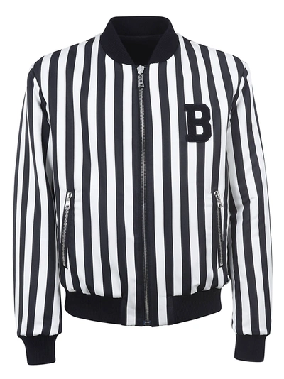 Shop Balmain Reversible Logo Patched Stripe Bomber In Black