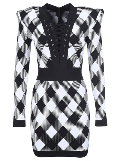Shop Balmain Tie Front Checked Dress In Black/white