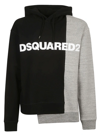 Shop Dsquared2 Asymmetric Logo Printed Hooded Sweatshirt In Black/grey Mélange