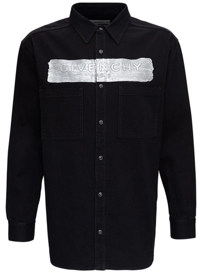 Shop Givenchy Denim Shirt With Metallic Logo In Black