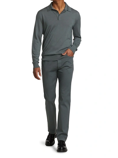 Shop Ermenegildo Zegna Long-sleeve Cashmere & Silk Polo In Medium Blue Solid