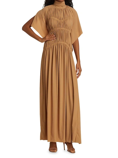 Shop Victoria Beckham Smocked Highneck Maxi Dress In Soft Beige