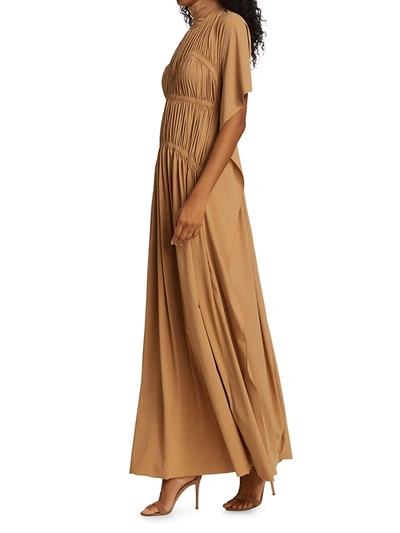 Shop Victoria Beckham Smocked Highneck Maxi Dress In Soft Beige