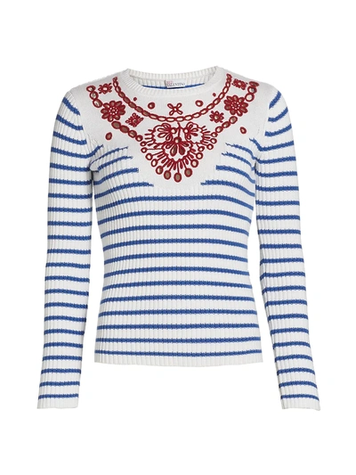 Shop Red Valentino Embroidered Rib-knit Sweater In Bianco Azzurro