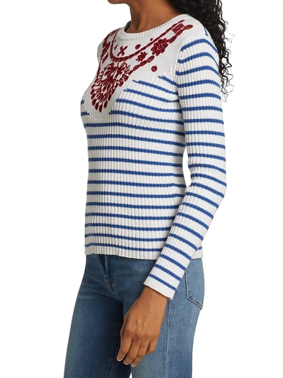 Shop Red Valentino Embroidered Rib-knit Sweater In Bianco Azzurro