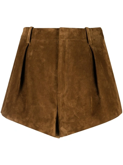 Shop Saint Laurent Pleated Suede Shorts In Brown
