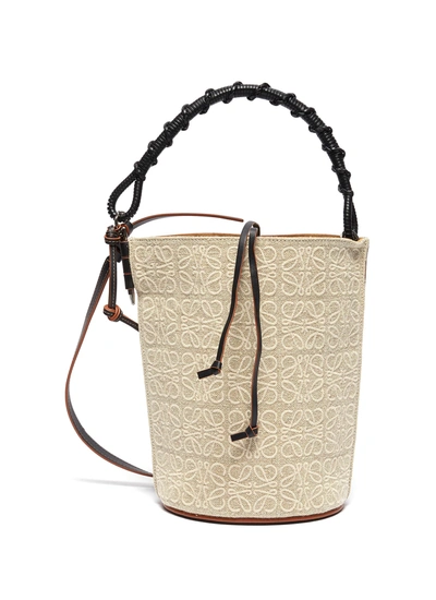 Shop Loewe Gate' Woven Handle Anagram Canvas Bucket Bag In Neutral