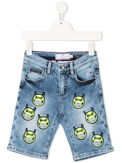 Shop Philipp Plein Junior Embroidered Evil Smiley Denim Shorts In Blue