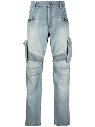 Shop Balmain Cargo Pocket Tapered Jeans In Blue