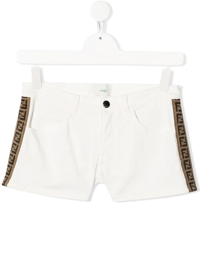 Shop Fendi Teen Ff-logo Tape Denim Shorts In White