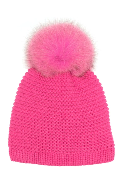 Shop Kyi Kyi Genuine Fox Fur Pompom Knit Beanie In Hot Pink