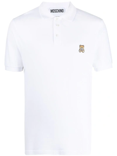 Shop Moschino Teddy Motif Embroidered Polo Shirt In White