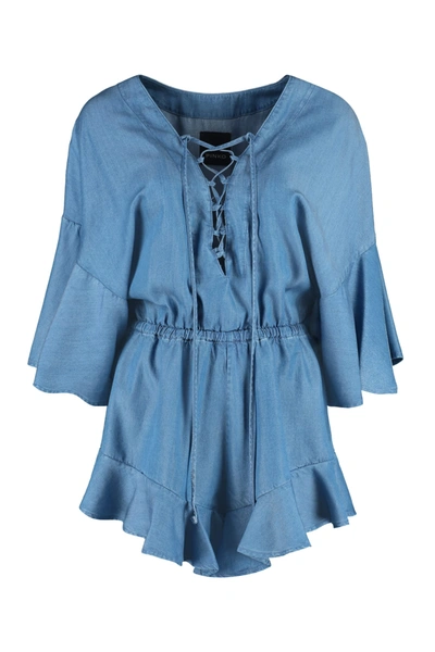 Pinko Ruffle-trim Lace-up Chambray Playsuit In Denim