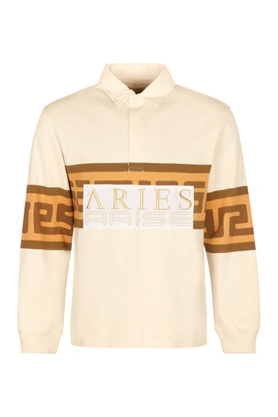 Shop Aries Meandros Logo Detail Stretch Cotton Polo Shirt In Beige