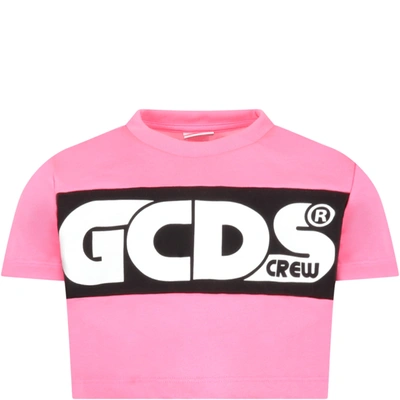 Shop Gcds Mini Neon Fuchsia T-shirt For Girl With Logo