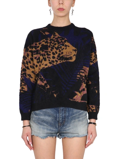 Shop Saint Laurent Sweater With Jungle Leopard Lamé Motif In Multicolour