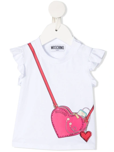 Shop Moschino Bag-print Ruffle-sleeve T-shirt In White