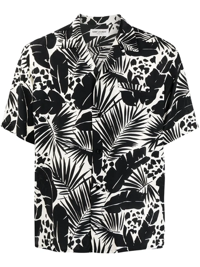 Shop Saint Laurent Leaf-print Silk Shirt In Black