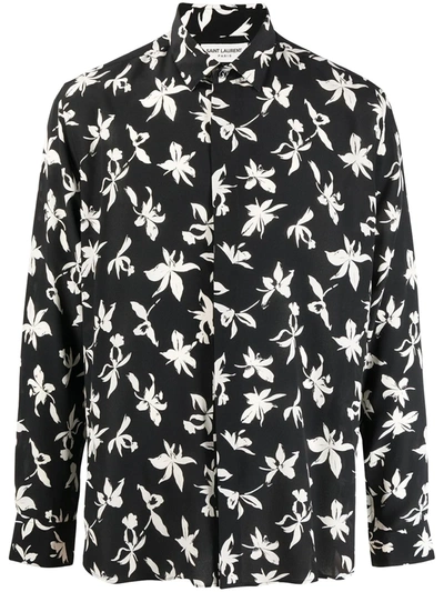 Shop Saint Laurent Floral-print Silk Shirt In Black