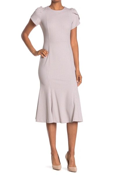 Shop Calvin Klein Check Tulip Sleeve Midi Dress In Khaki/wht