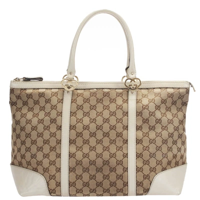 Pre-owned Gucci White Gg Canvas Leather Lovely Tote Bag In Beige