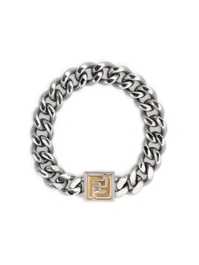 Shop Fendi Raised Ff-logo Bracelet In Silver