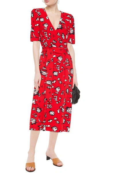 Shop Veronica Beard Joia Belted Floral-print Jersey Midi Dress In Red