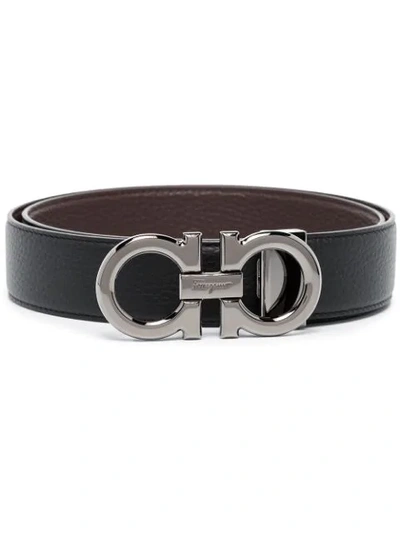 Ferragamo Black And Brown Reversible Belt With Gancini Detail In Smooth Leather Man