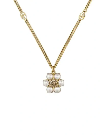 Shop Gucci Double G Pearl Necklace In Gold