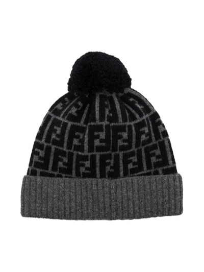 Shop Fendi Jacquard Ff-logo Wool Beanie In Grey