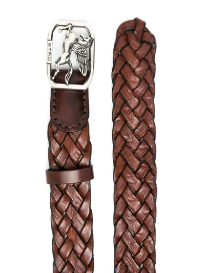 Shop Etro Pegaso Logo Woven Leather Belt In Brown