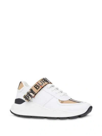 Shop Burberry Logo Print Vintage Check And Leather Sneakers In White