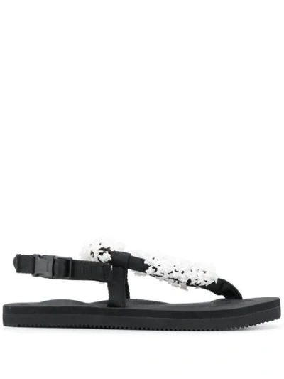 Shop Cecilie Bahnsen Floral-embroidered Thong Sandals In Black